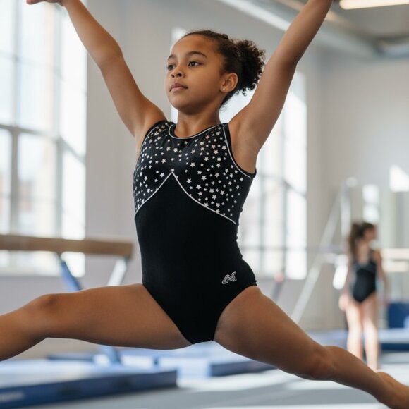 💫 Alpha Factor Black Velvet Star Leotard Girls CL - Picture 2 of 10